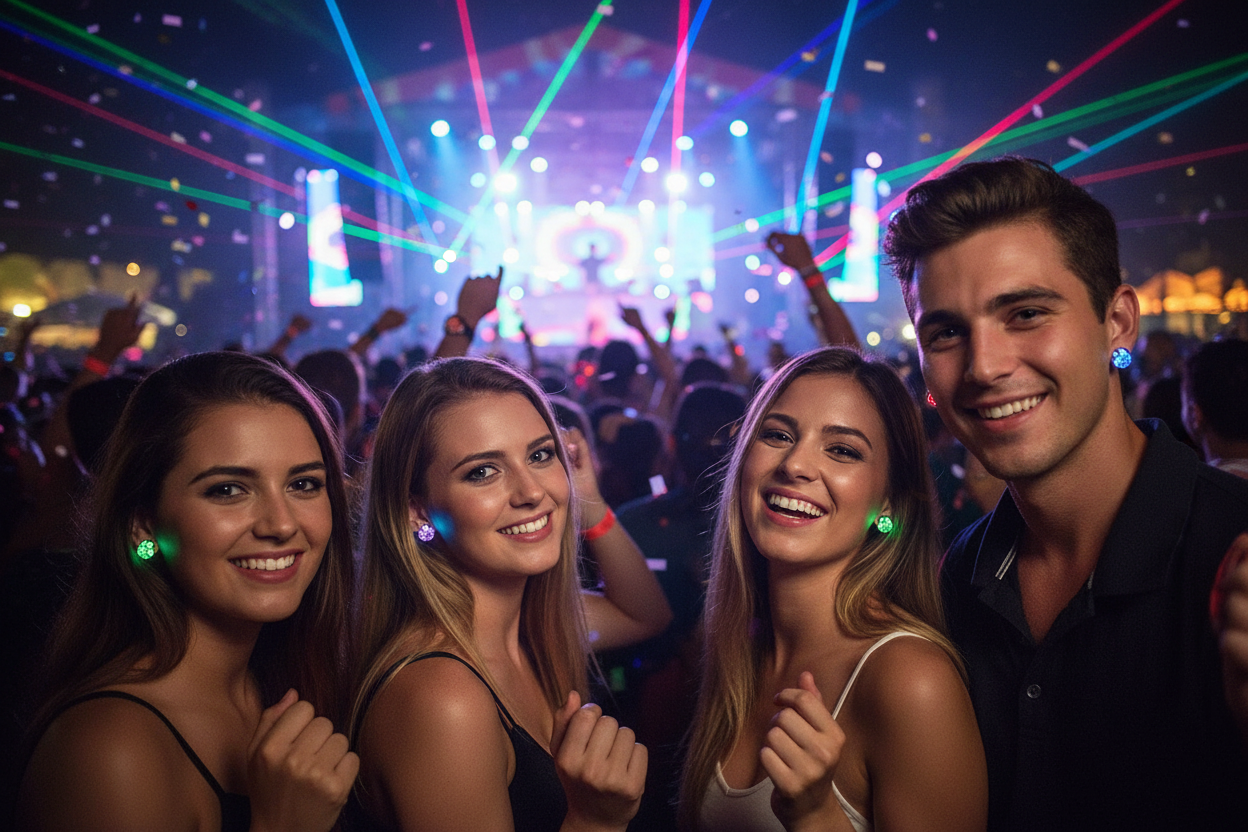 Grupo de amigos en festival con pendientes LED